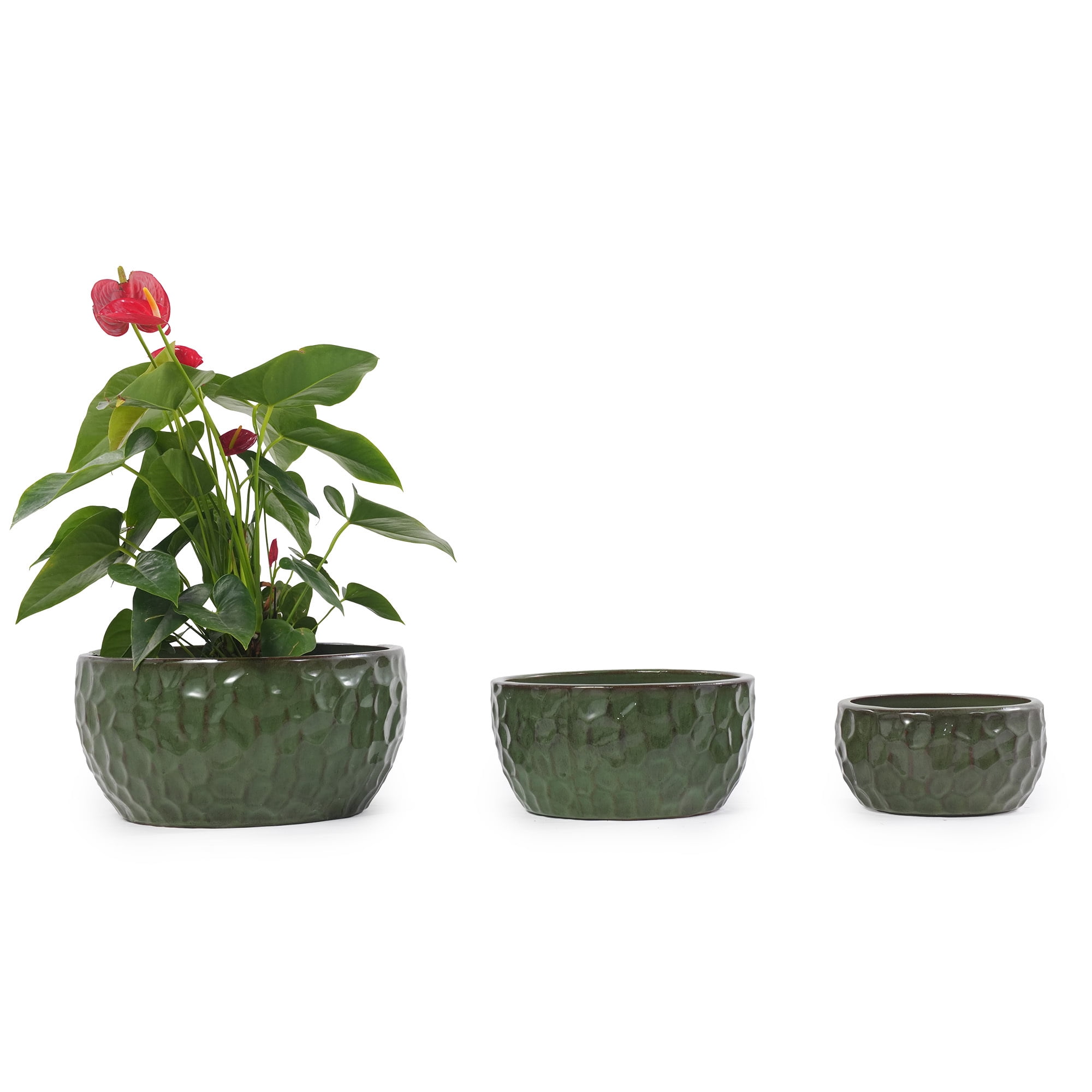 Leumius Set of 3 Handmade Ceramic Planter, 15"/12"/10" Diameter, Green Hammered Texture, for Succulents & Violets, Indoor/Outdoor Use on Windowsill & Bookshelf Green