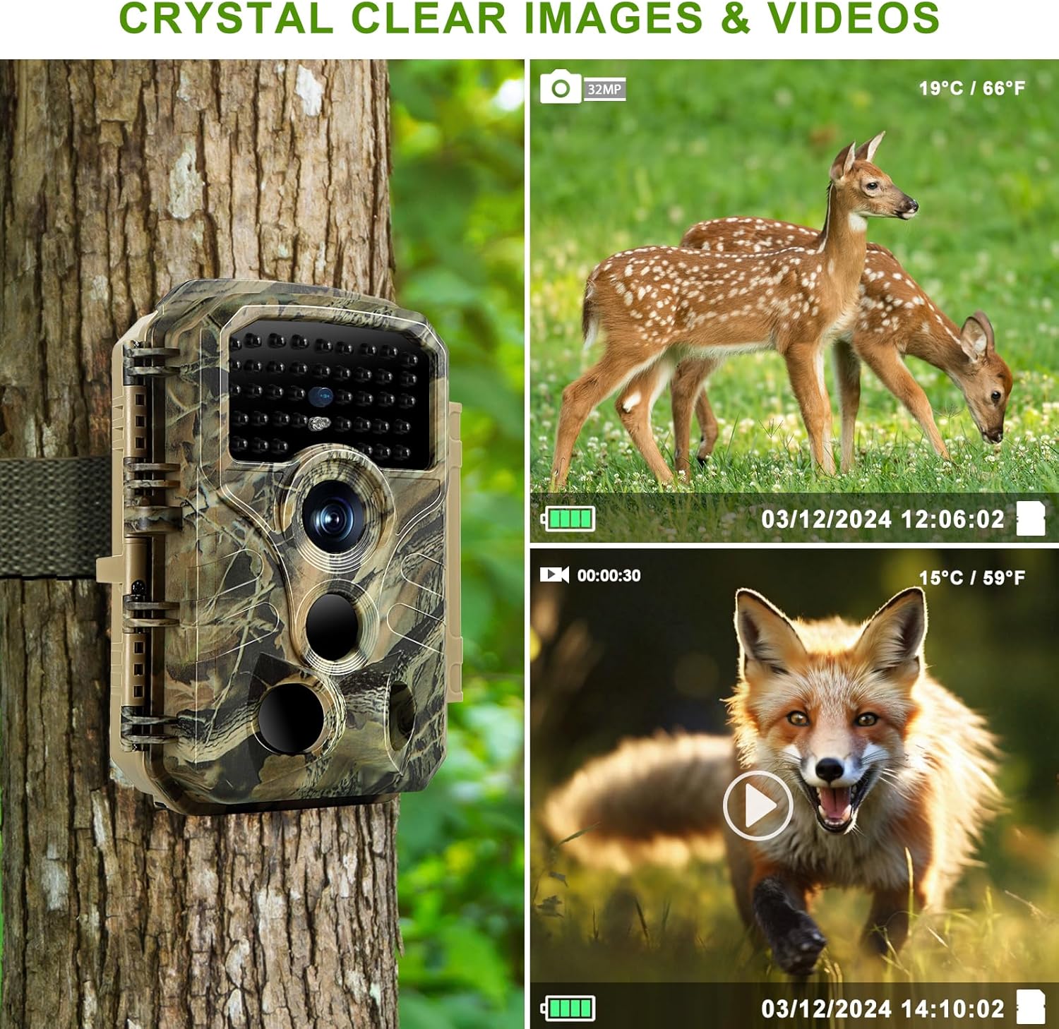 Trail Camera Game Hunting Cam 32MP Image 1296P Time Lapse Motion Activated Night Vision for Outdoor Security Wildlife Watching Obervation