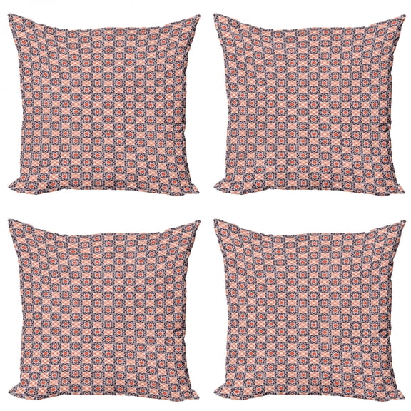 Geometric Throw Pillow Cushion Case Pack of 4, Continuous Style Floral Ornaments Lattice Illustration Print, Modern Accent Double-Sided Print, 4 Sizes, Burnt Sienna Ivory, by Ambesonne