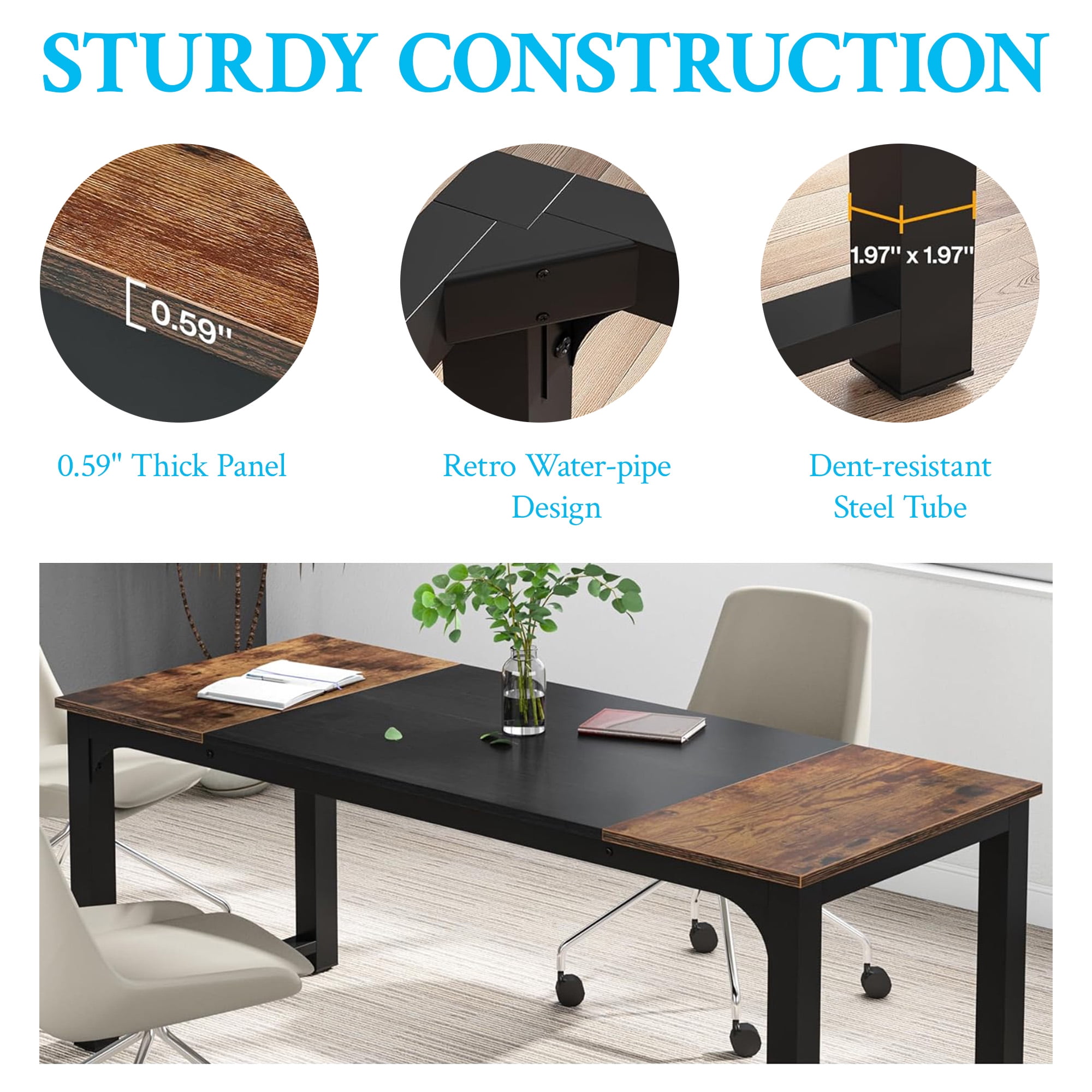KIOOTTO 63" Executive Office Desk, Large Computer Writing Desk with Heavy Duty Steel Frame, Rustic Brown
