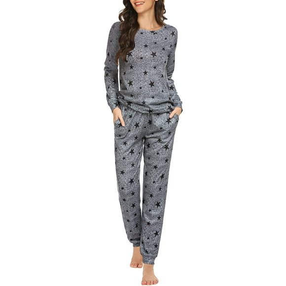 Womens Pajama Set Long Sleeve Sleepwear Star Print Nightwear Soft Pjs Lounge Sets with Pockets