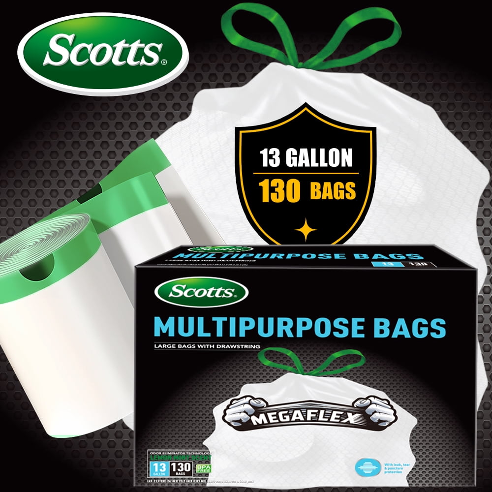 Scotts 13 Gallon Kitchen Trash Bags, Drawstring, White Tall Garbage Bags, Lemon Scented, 130 Count