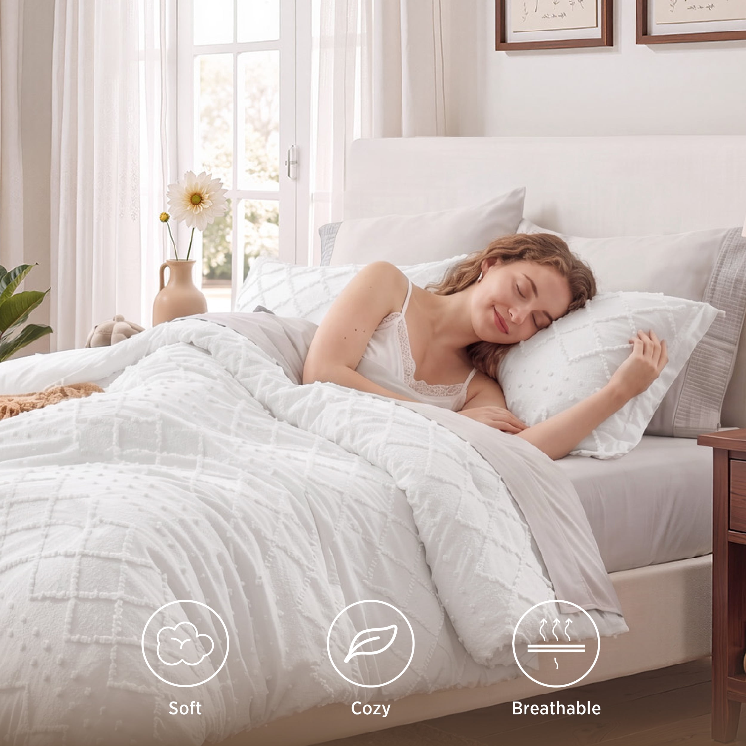U by Bedsure Full Comforter Set, Boho Tufted Shabby Chic Bedding Comforter Set, 3 Pieces Vintage Farmhouse Bed Set for All Seasons, Fluffy Soft White Bedding Set with 2 Pillow Shams