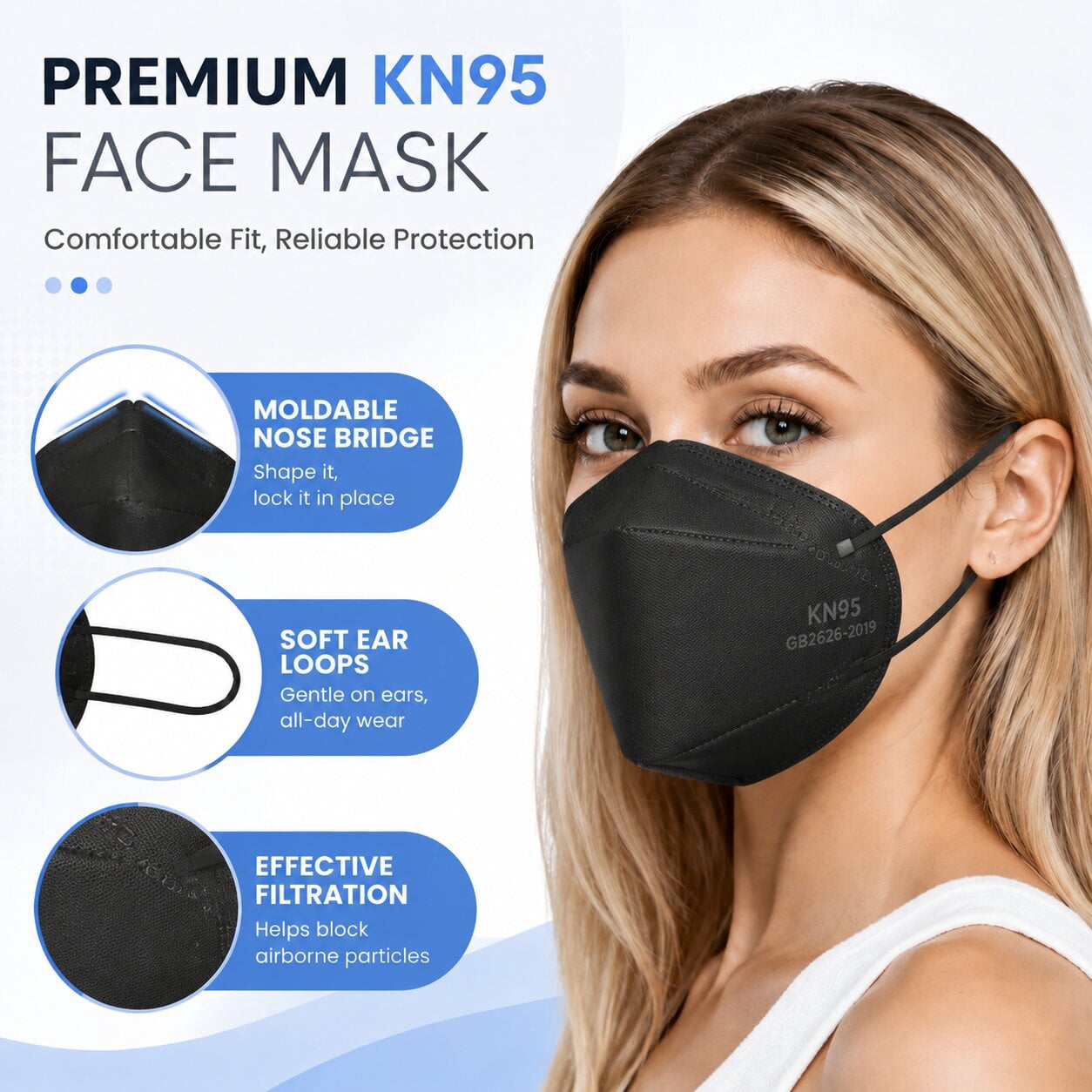 KN95 Face Masks 50 Pack, Breathable Comfortable and Disposable KN95 Mask, Black