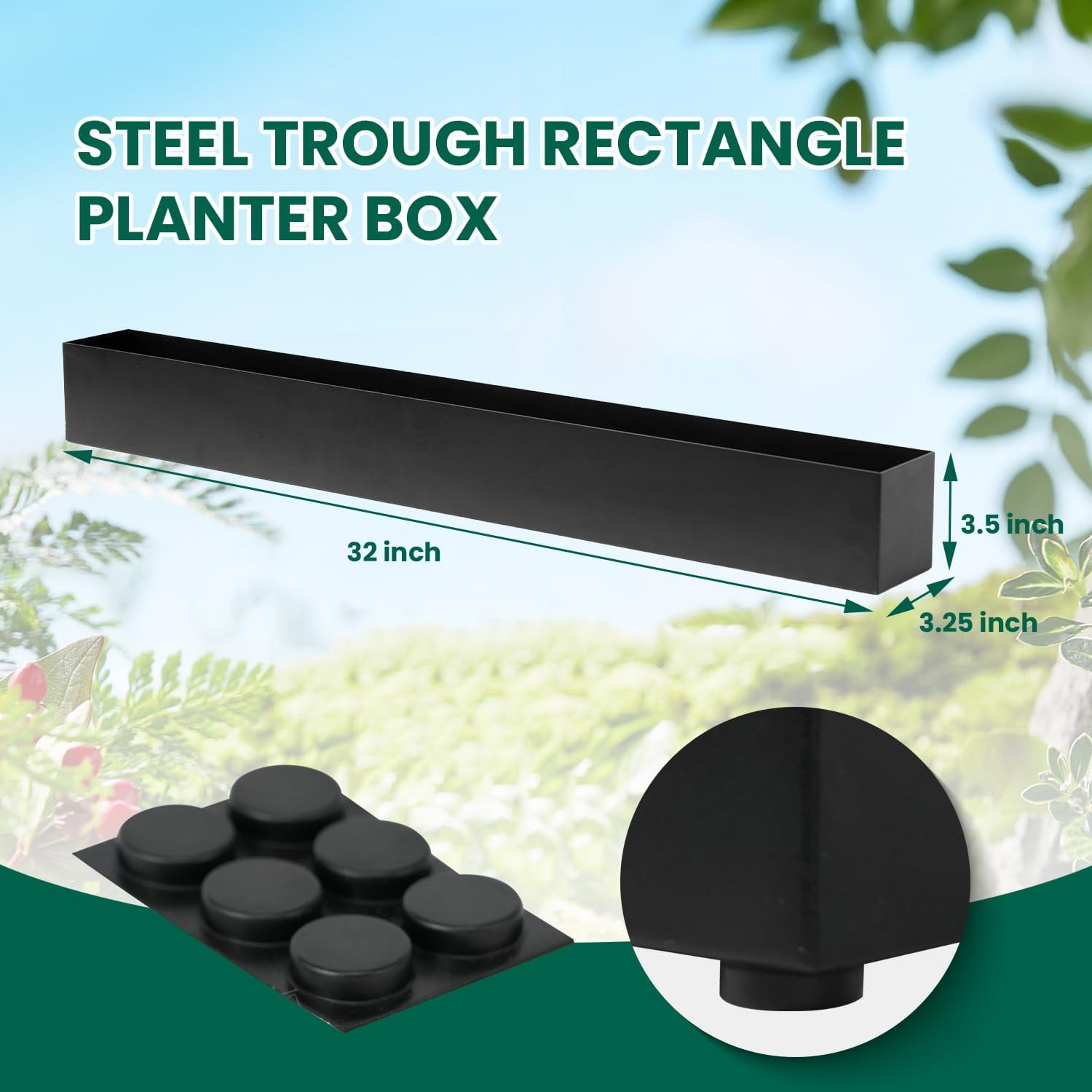 32" Trough Rectangle Planter Window Sill Planter Box Long Window Planters Modern Galvanized Steel Succulent Planter Black Metal Windowsill Pot for Indoor Plants Herb Table Home Outdoor