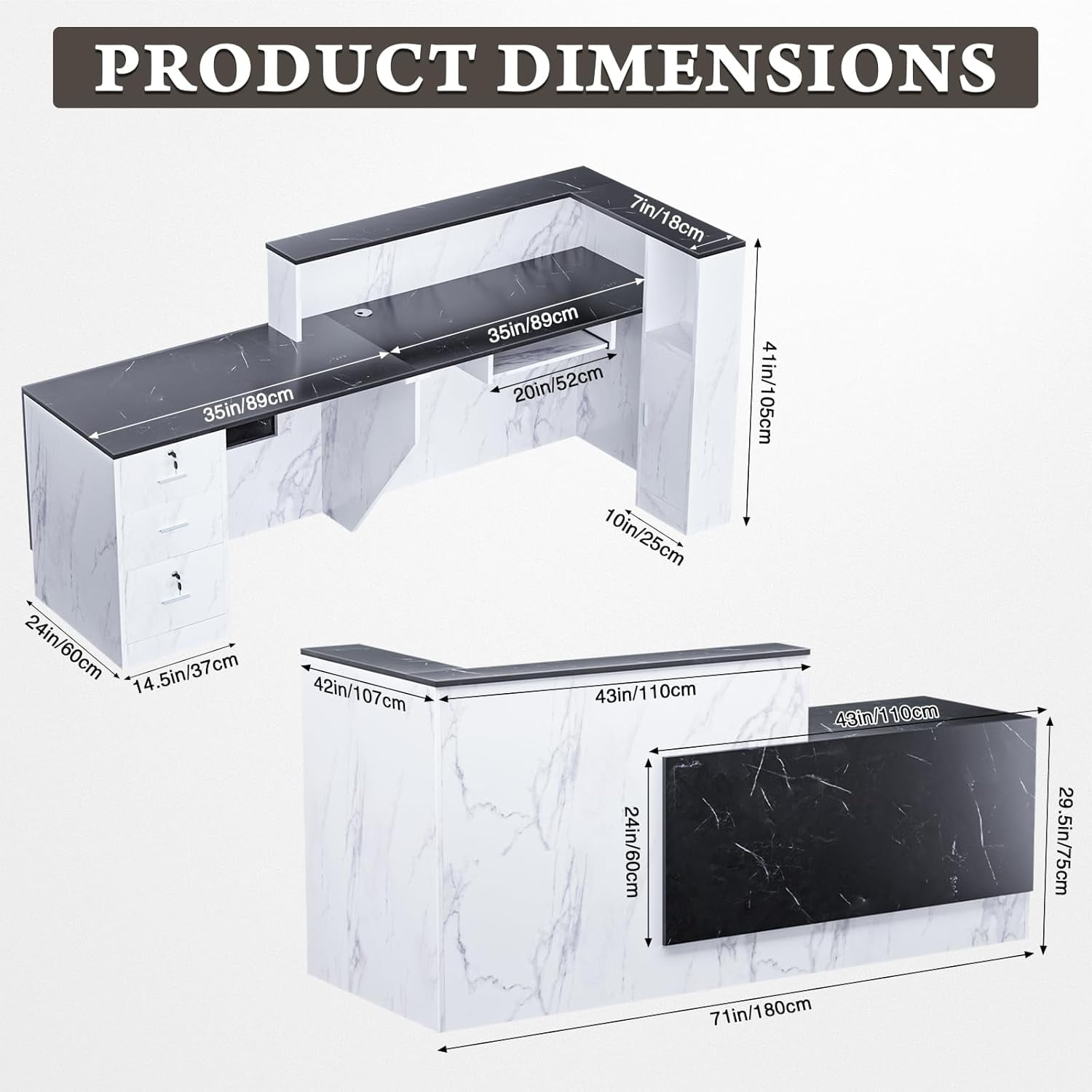 Vakiorn Reception Desk with Lockable Drawers 71x24x41in L Shaped Wooden Storage Keyboard Tray Right Black and White