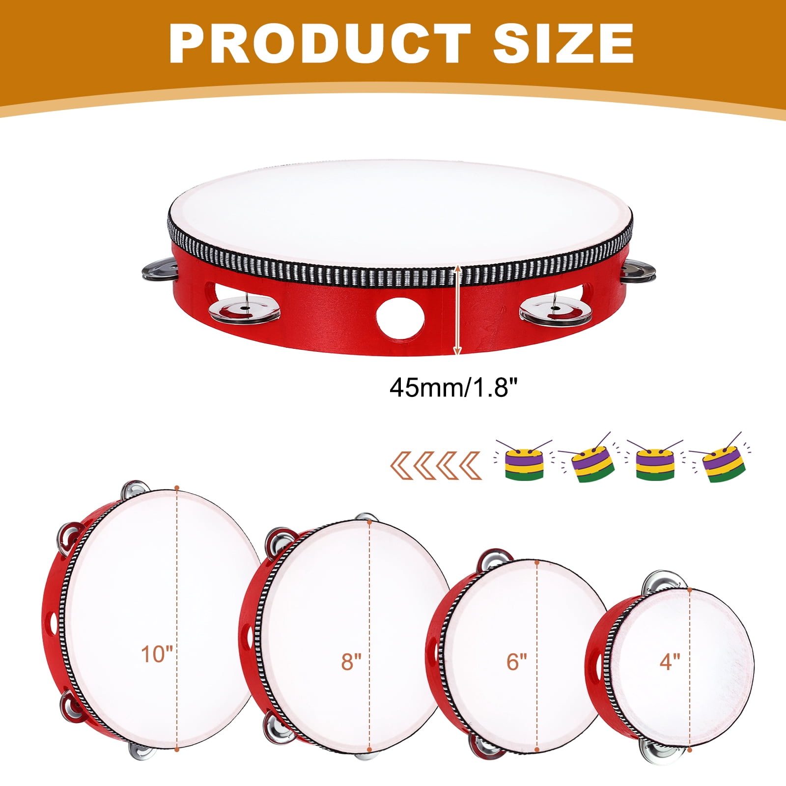 Uxcell 1 Pcs Tambourine Drum 10 Inch Wood Hand Held Tambourine Single Row Metal Jingle Percussion Musical Drum Instrument for Adults Church Wedding Party Games, Red