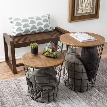 Lavish Home Set of 2 End Tables - Nesting Tables with Removable Wood Tops and Metal Basket Bases for Storage, Dark Brown