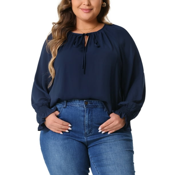 GRACE & GRANDEUR Blusas de Talla Grande para Mujeres Tops Casuales de Escote en V con Cordón de Manga Larga T Shirt Blusas 1X Azul Marino