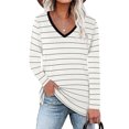 thumbnail image 1 of V Neck Striped Top Long Sleeve Side Slit Loose Casual Women's Pullover Sweatshirt for Office White S, 1 of 5