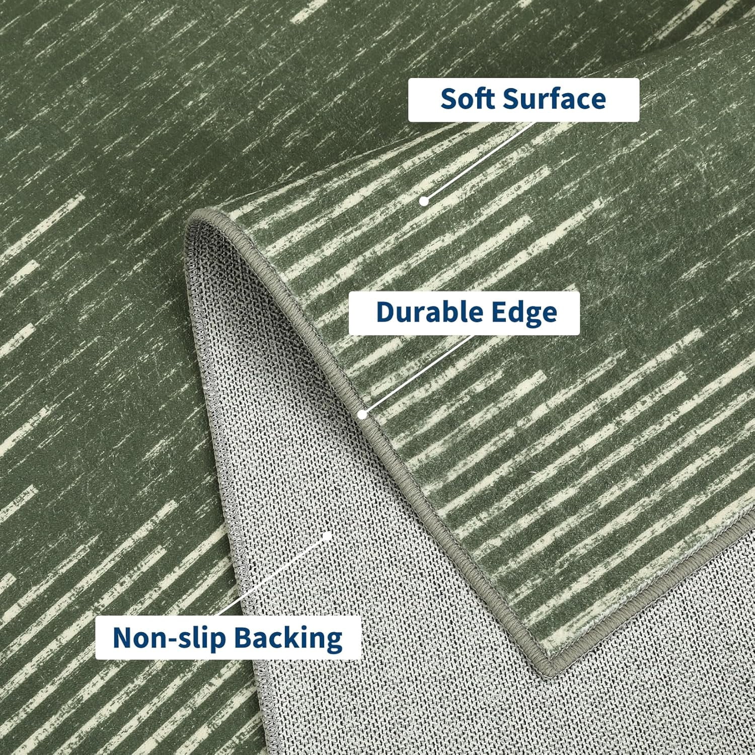 9x12 Washable Area Rug for Living Room Dining Room Distressed Stripes Office Carpet Non Slip Stain Resistant Farmhouse Floor Cover Green Rug