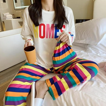 

Pretty Comy Ladies Casual Loose Cotton Homewear Cute Strawberry Pajamas Long Sleeve 2-Piece Set Style 2 M