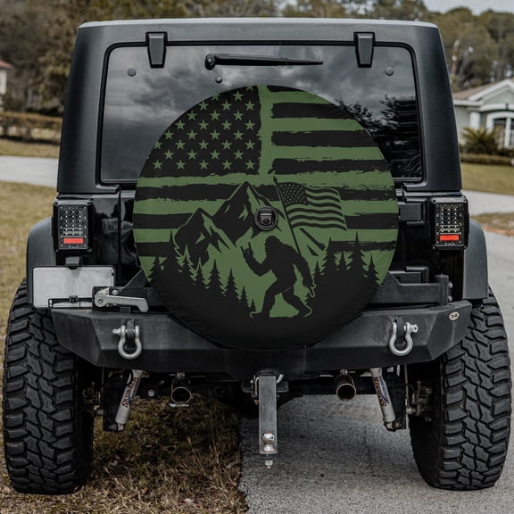 Lotusprinthandmade Bigfoot in Forest Spare Tire Cover With Backup Camera Hole 6 Sizes (33 in.)