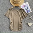 thumbnail image 2 of Camiseta de punto de manga corta para mujer, Top de manga acampanada con cuello en V profundo, plisado, ajustado, informal, novedad de verano, 2 of 5