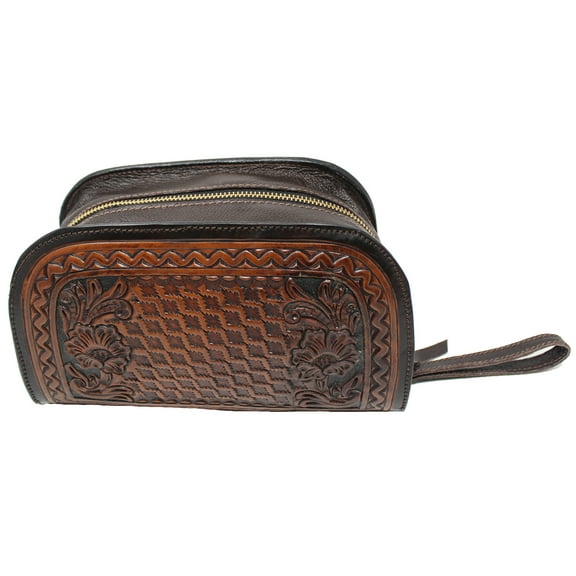 Men's Travel Toiletry Organizer Shaving Kit Tooled Leather Bag 18AA28BR