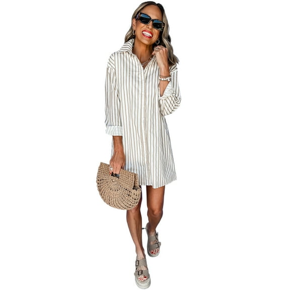 Women's Khaki Stripe Long Sleeve Button Up Mini Shirt Dress - [ZhiHiMeRi] | (US 12-14)L