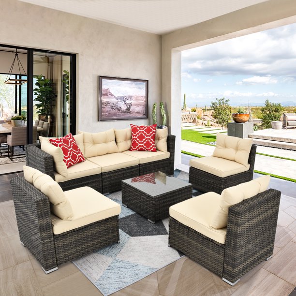 YITAHOME Patio Furniture Set,7PCS Patio Wicker Furniture Outdoor Rattan Sofa Garden Conversation