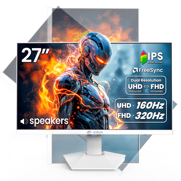 CRUA 27” Gaming Monitor, UHD (3840x2160) Dual Mode (4K 160Hz or FHD 320Hz), 120% sRGB, Support FreeSync, Built-in Speakers, RGB Lighting, HDMI & DP, Height adjustable, Wall Mount Install-White