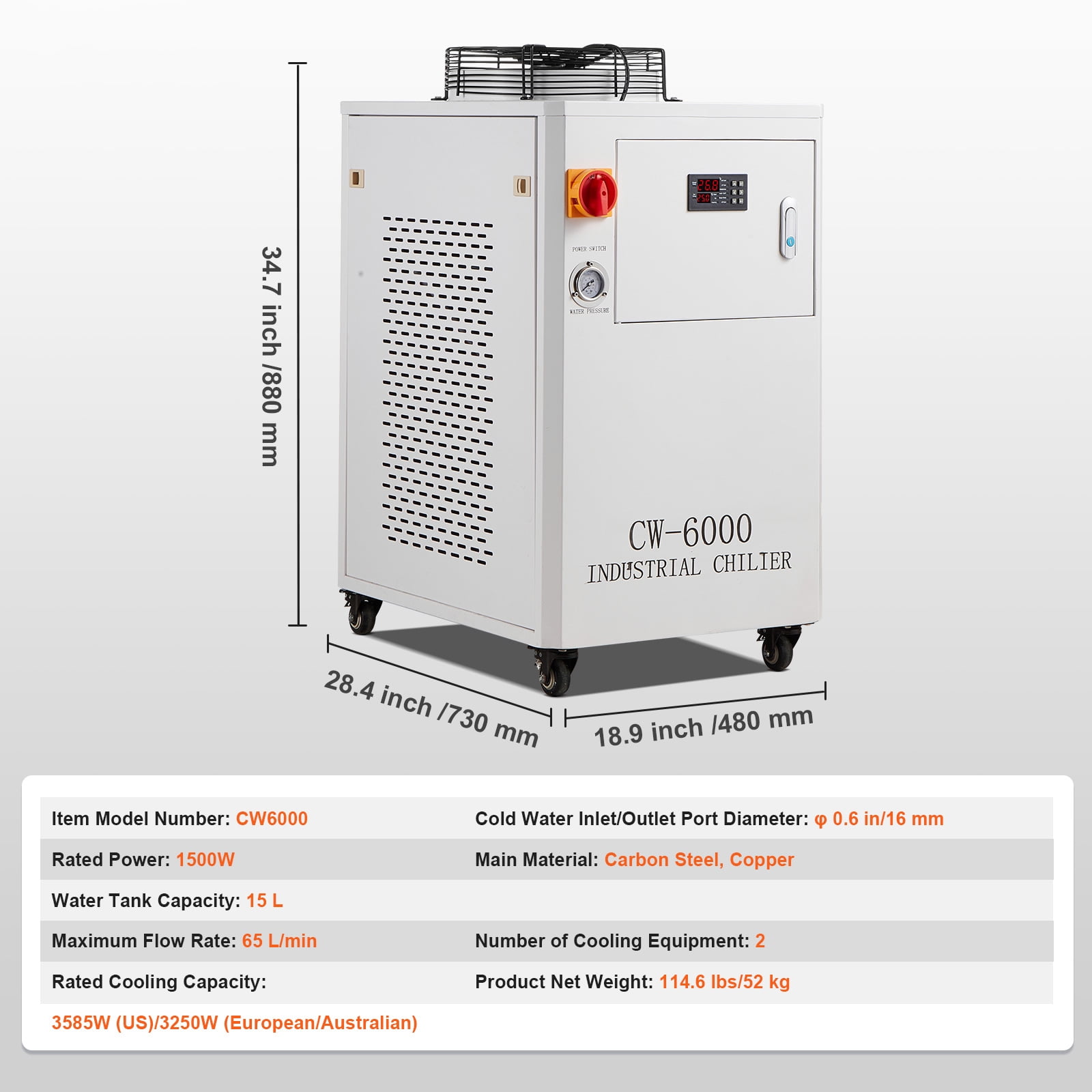 KFFKFF Industrial Water Chiller Cooling System CW6000 – 1500W, 15L Tank, 65 L/min Flow Rate