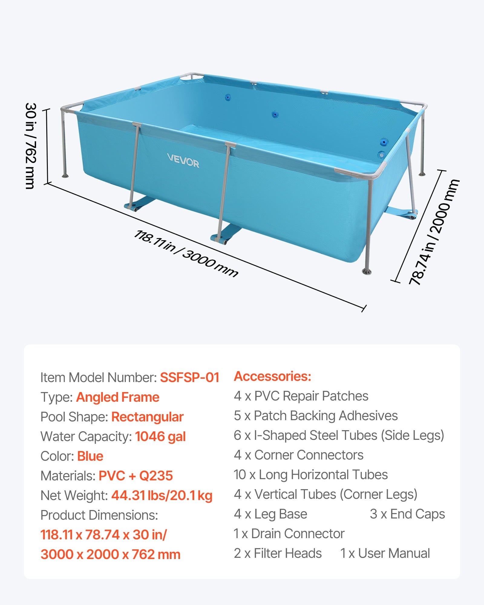VEVOR Frame Above Ground Swimming Pool, 118 x 78 x 30 in Rectangular Steel Metal Frame, Large Rectangle Outdoor Backyard Family Pool, Easy to Assemble Rust-Resistant, 1046 Gallon Water Capacity, Blue