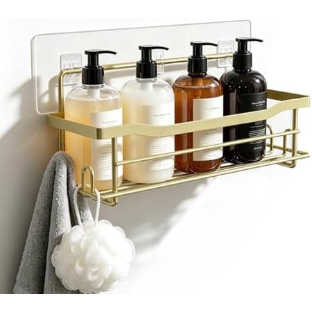 Shower Caddy Shelves Organizer Rack Single Pack Shower Shelf Caddies for Shampoo Soap Bathroom Waterproof Adhesive Holder No Drilling Wall Mounted Self Matte Gold