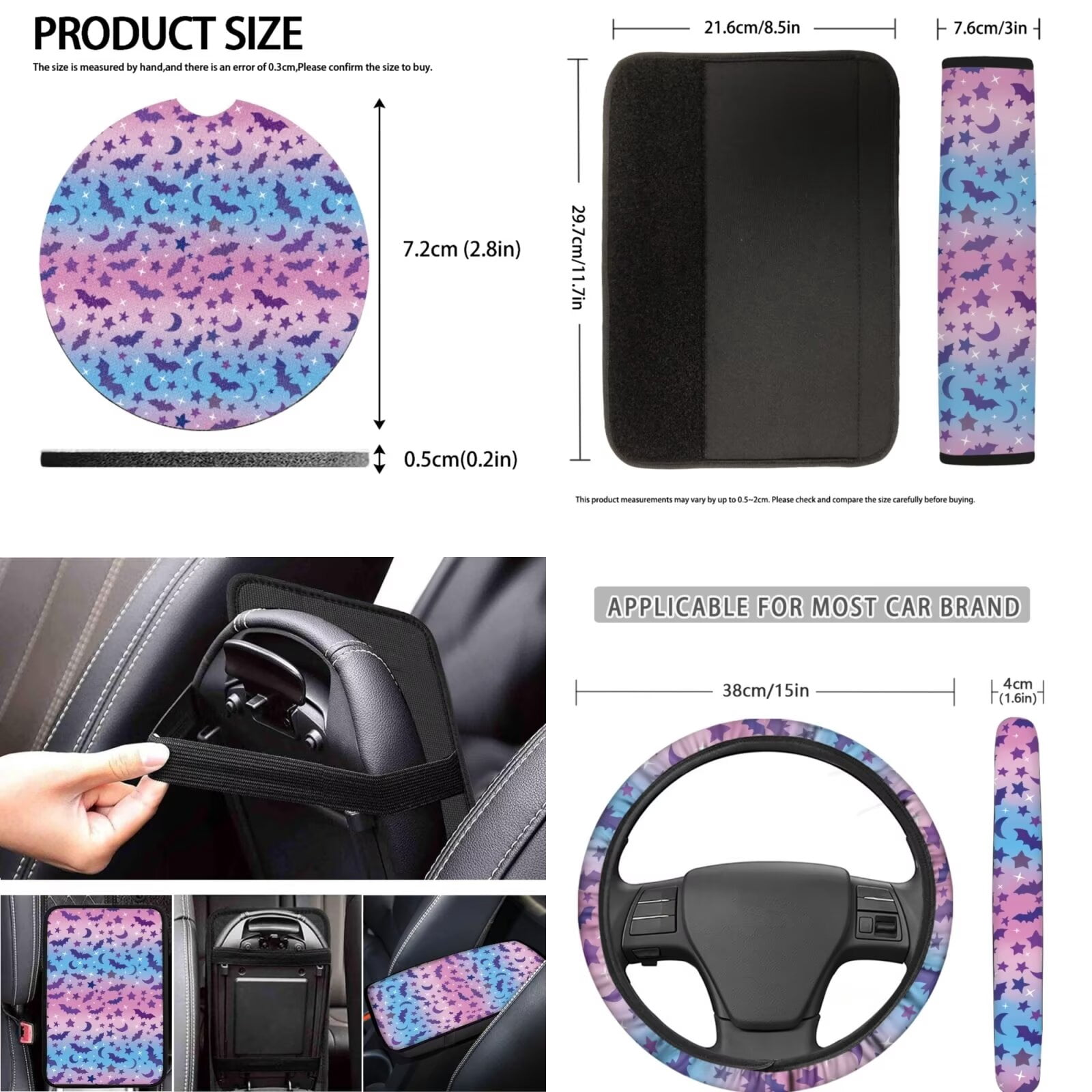 Ledback Bat Stars Printed Car Seat Covers Full Set, 12 Piece Car Front & Rear Seat Cover Breathable Steering Wheel Cover Armrest Pads Universal Fit for SUV Sedan Van Truck