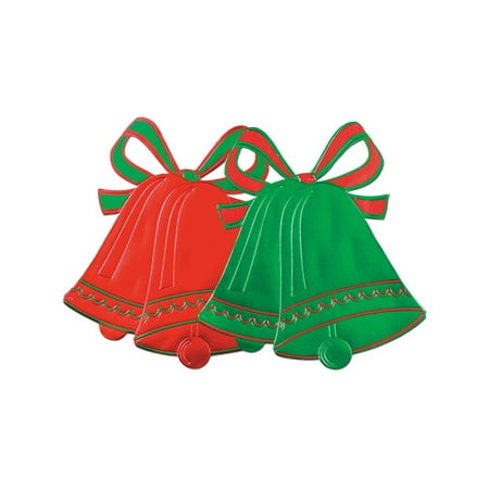 Cut Decoration - Christmas Bells Hard Foil Paper Green And Red Cut Out Decorations 2 Pack