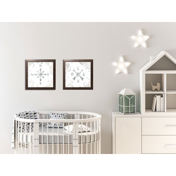 Gango Home Decor Watercolor Wanderlust Adventure Wall Art; Two Black & White 12x12in Art Prints in White Frames