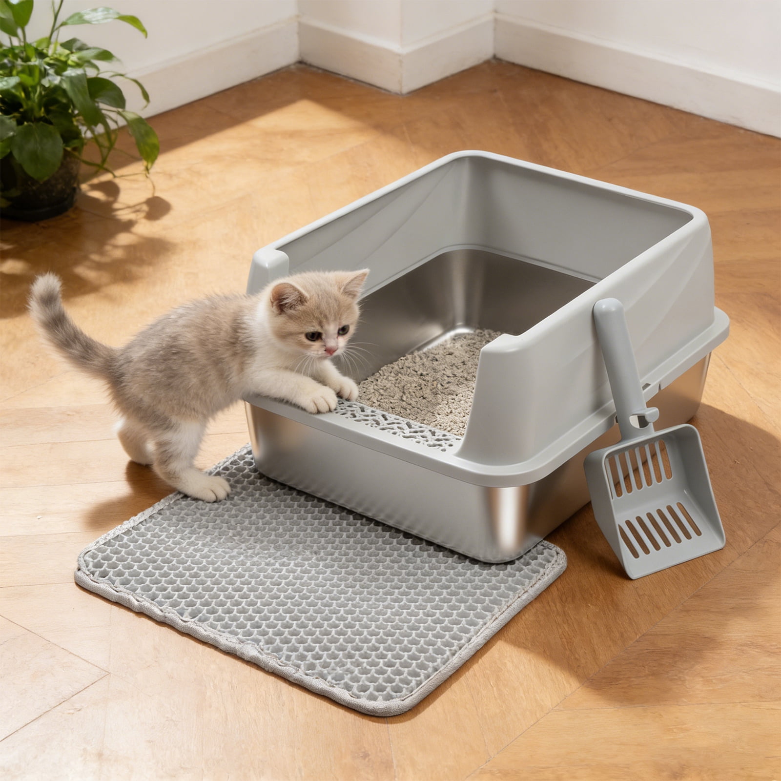 NYUTU Medium Stainless Steel Litter Box with Lid  - M Metal Cat Litter Box Cat Litterbox  Pet Toilet Supplies for Cat or Kitty/Kitten，No Stick Easy Clean-No Smell