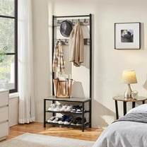 RONG-3 Coat Rack, Hall Tree with Shoe Bench, Entryway Shoe Storage with Coat Rack Stand, Movable Hooks, Industrial Entryway Furniture,