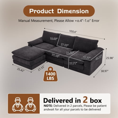 104" U Shape Cloud Couch with Movable Ottoman, Chenille Deep Seat Sofa with Soft Pillows, Black