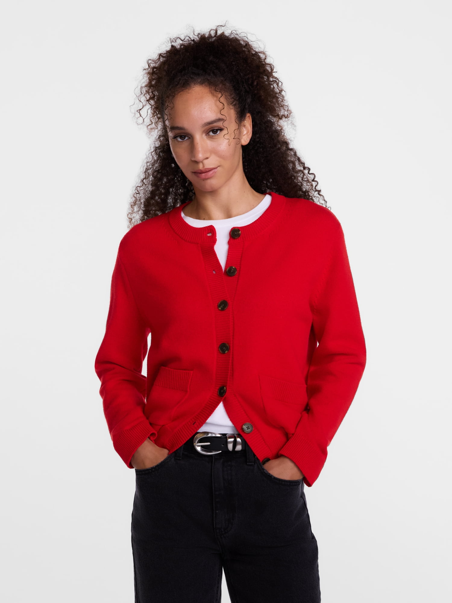 Scenario Women's Crewneck Cardigan with Patch Pockets, Lightweight, Sizes XS-XXXL