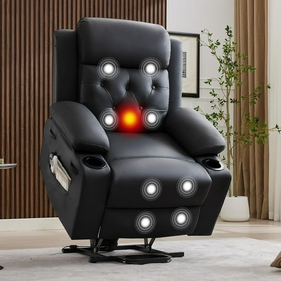 Oversized Power Lift Recliner Chair for Elderly with Vibration Massage and Lumbar Heating, PU Leather Electric Lift Recliner Single Sofa with Side Pockets and Two Cup Holders,22.4inch Seat Width