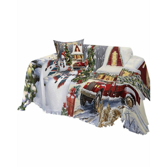 Farmhouse Christmas Sofa Couch Covers for Dogs, Washable Sectional Couch Slipcovers for Loveseat with Tassels, Snowman Xmas Truck Snowflake Non Slip Sofa Throw Cover Blanket L 71''x102''