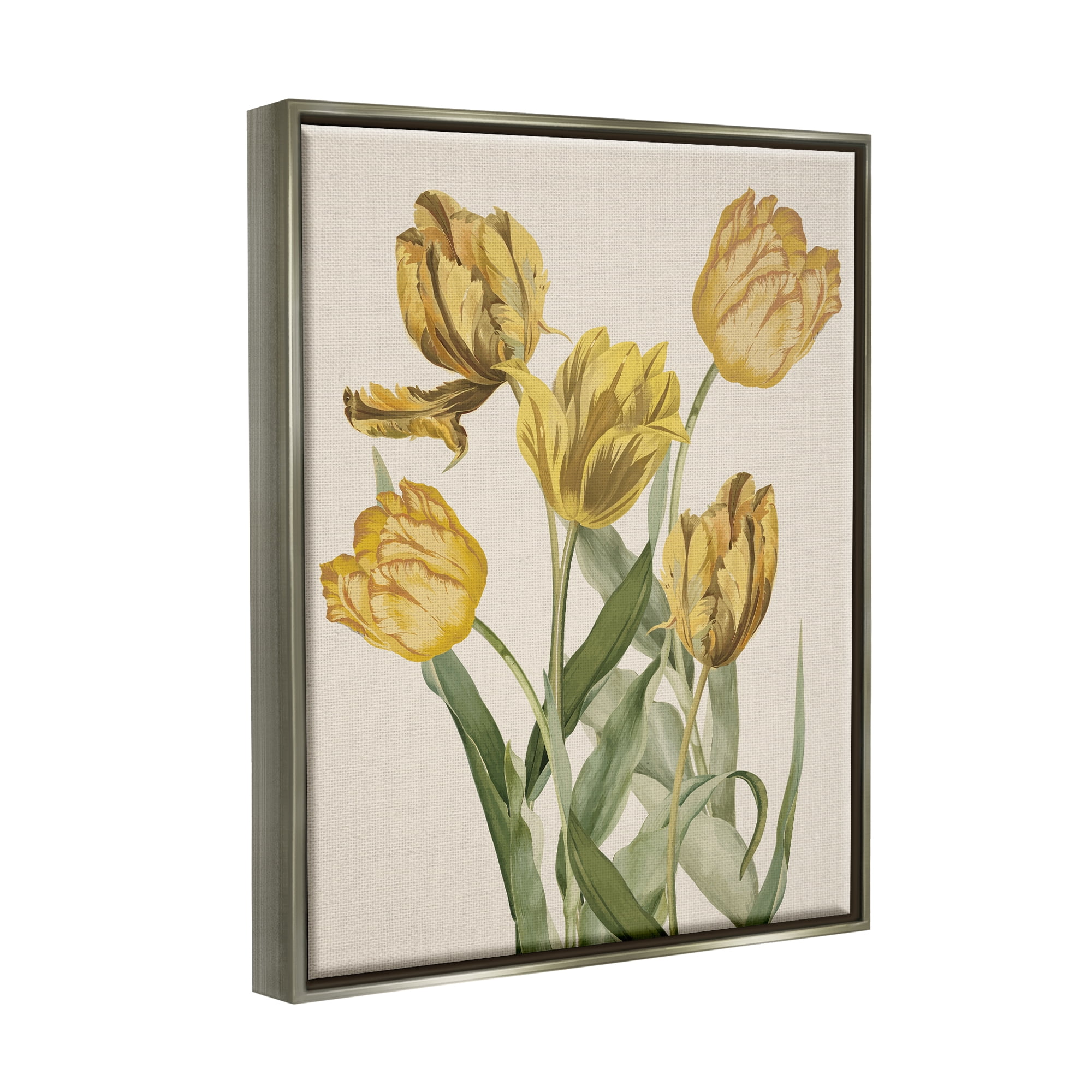 Stupell Industries Antique Yellow Tulips Botanical & Floral Painting Gray Floater Framed Canvas Art Print Wall Art, 17 x 21