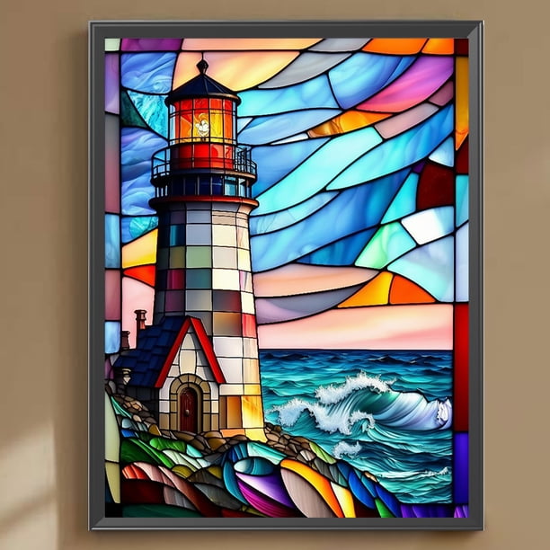 Cuadros Decorativos 5D bricolaje redondo completo taladro diamante pintura vidrieras faro decoración (A3065) Wdftyju de costura negro 4 estilos
