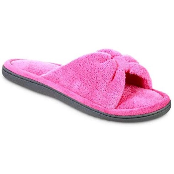 Isotoner Women's Microterry Bow Open Toe Slide Slipper, Very Berry, 8.5-9 Large