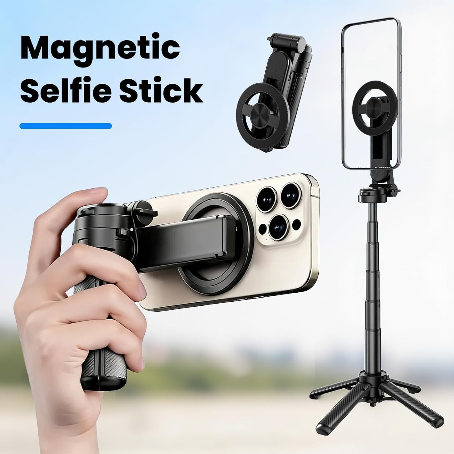 Magnetic Pocket Selfie Stick, Bluetooth Remote Compact Aluminum Tripod Stand for All Smartphones, 360° Rotation Multifunctional Phone Holder for Travel Vlogging & Mobile Photography