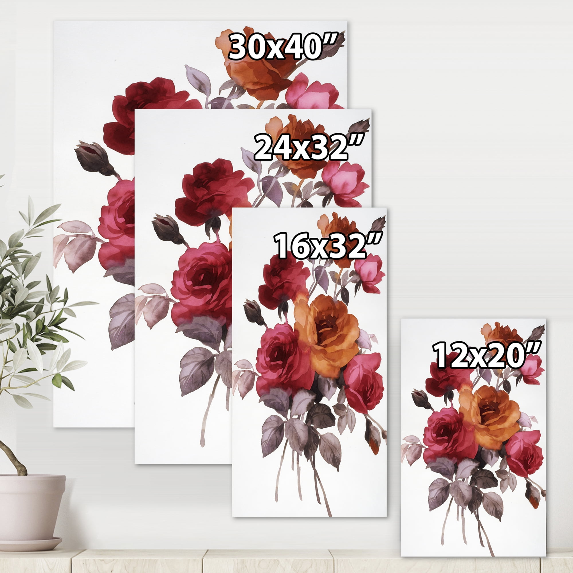 Designart ' Vintage Red and Orange Roses ' Traditional Canvas Wall Art Print