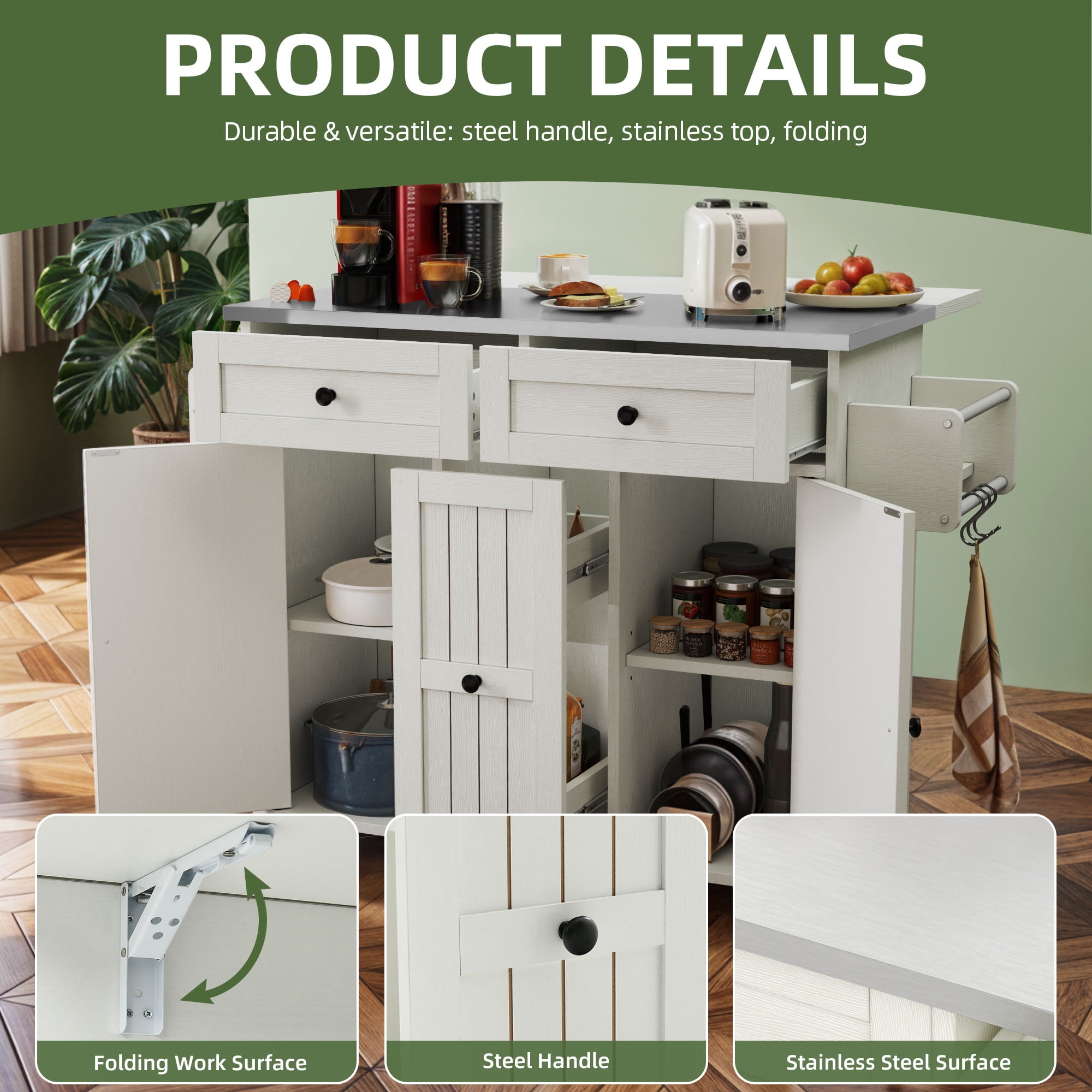 Uforic Kitchen Island with Wheels & Storage, Kitchen Island Cart with Drop Leaf, White