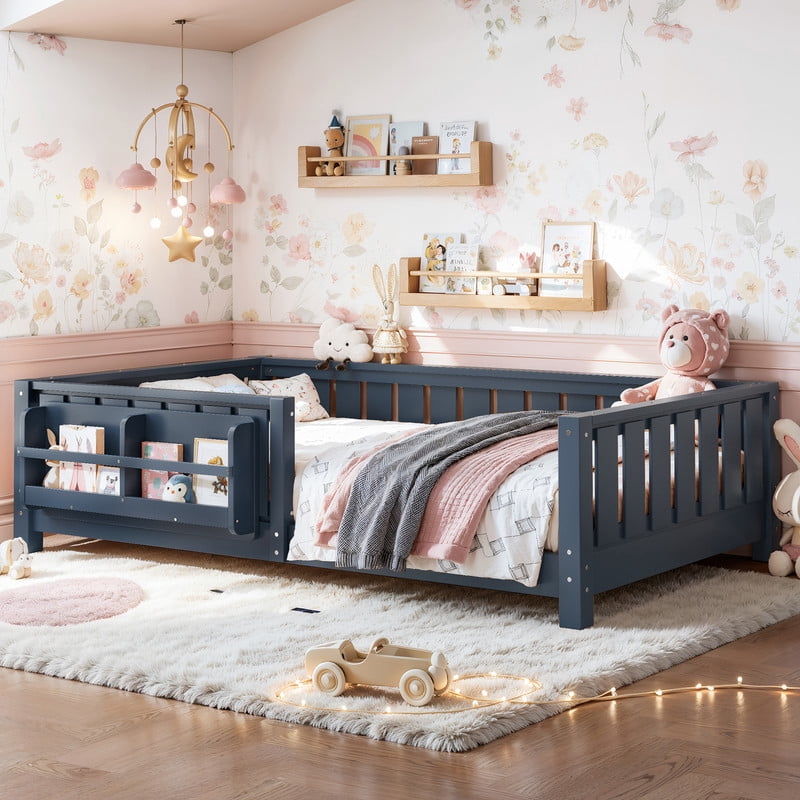 URTR Twin Size Montessori Floor Bed with Storage Bookshelf and High-Quality Safety Guardrail, Wooden Twin Floor Bed Frame, Wooden Platform Bed, Low Profile Twin Bed with Fence and Headboard, Blue