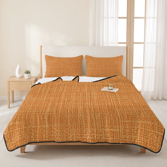 3 Pieces Queen Quilt Set,Watercolor Orange Retro Linen Soft Bedding Sets with 1 Quilt & 2 Pillow Shams,Warm Fall Style Summer Bedspread Lightweight Coverlet Comforter for All Season
