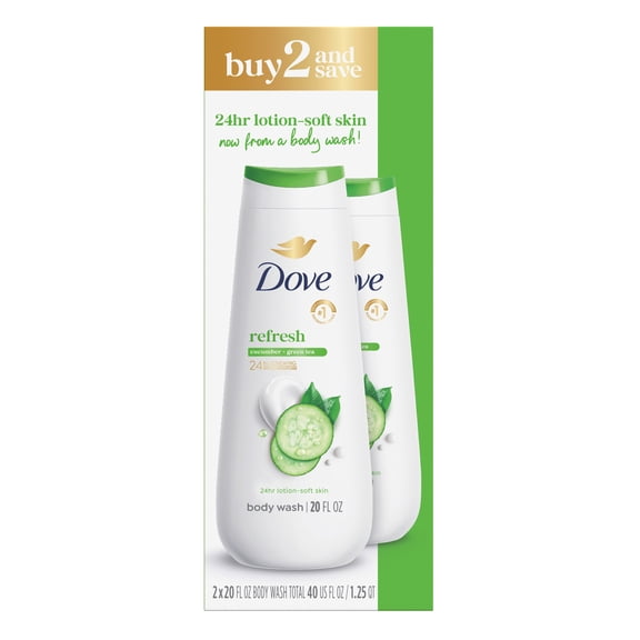 Dove Body Wash for 24hr Lotion-Soft Skin Refresh Cucumber And Green Tea Moisturizing Skin Cleanser with No Sulfates No Parabens, 20 fl oz 2 pack