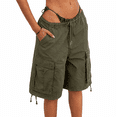 thumbnail image 4 of Women's Drawstring Elastic Waist Cargo Bermuda Shorts with Pockets, Loose Fit Knee Length Casual Utility Shorts for Outdoor, Travel and Everyday Wear, 4 of 9