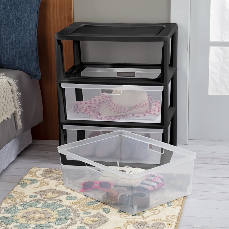 Sterilite Wide 3 Drawer Tower, Plastic Storage Organizer with Removable Clear Bins, Easy to Assemble - No Tools Needed, Black, Size: 15 5/8 inch Large