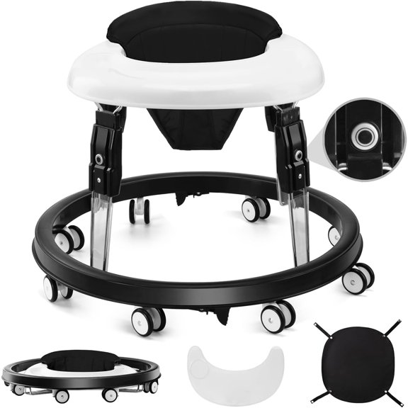 PRVAETU Foldable Baby Walker with Wheels,Height Adjustable,Large Dining Tray,Dust-Resistant Foot Pad,for 6-18 Months Infant,Black