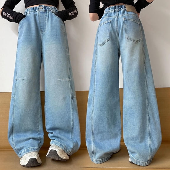 Toddler Girls Loose Wide Leg Pants Straight Cut Denim Trousers with Patchwork Design Casual Pants Size 4-5T ,Blue