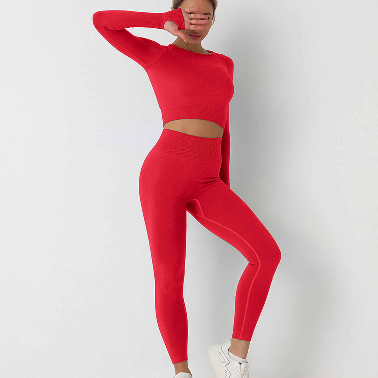 RQYYD Women's Seamless 2 Piece Outfits Workout Long Sleeve Crop Top Tummy  Control High Waist Yoga Legging Sets Khaki L