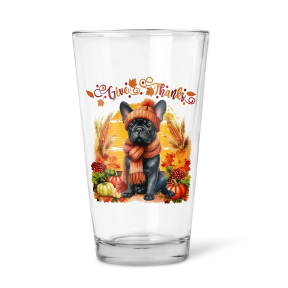 Happy Thanksgiving French Bulldog Give Thanks Fall Beanie Scarf Welcome 16oz Pint Beer Glass Mug Dog Lover Gifts Beer Glasses Cup - 00020