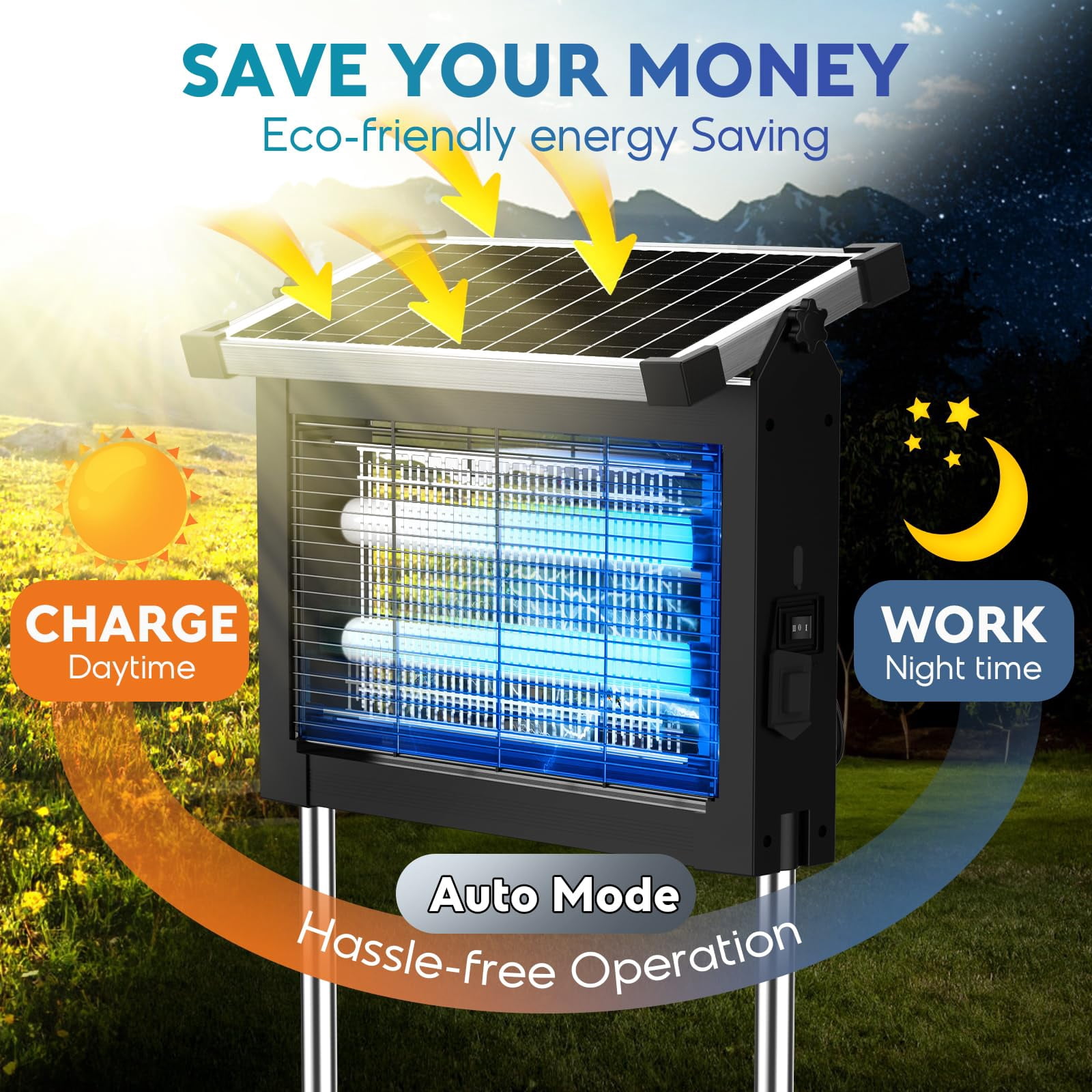Solar Zapper Outdoor Indoor  4000mah Rechargeable Portable Fly 4500v Electric Mosquito Killer With Panel Sensor & 10ft Extension Cord Waterproof For Patio Camping Home Backyard
